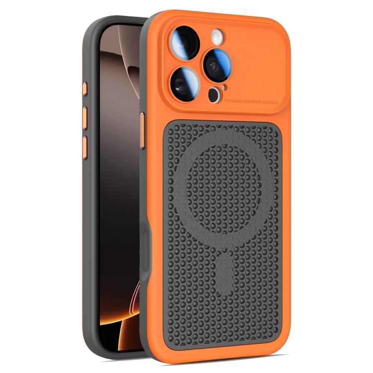 For iPhone 16 Pro Armor Shield Mesh Cooling Magnetic Phone Case with Lens Film(Orange)