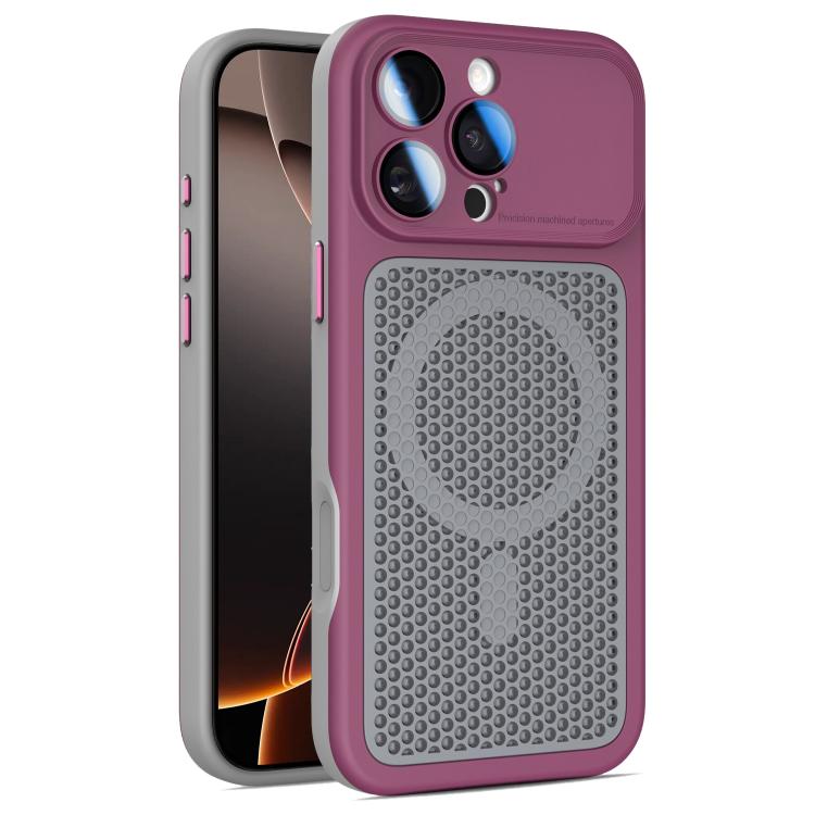 For iPhone 16 Pro Armor Shield Mesh Cooling Magnetic Phone Case with Lens Film(Wine Red)