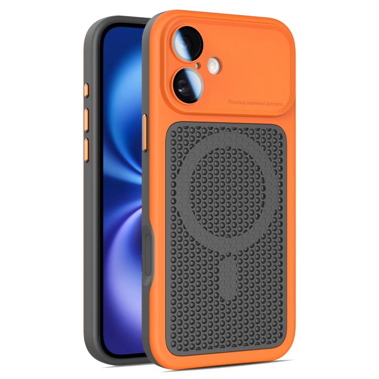 For iPhone 16 Plus Armor Shield Mesh Cooling Magnetic Phone Case with Lens Film(Orange)