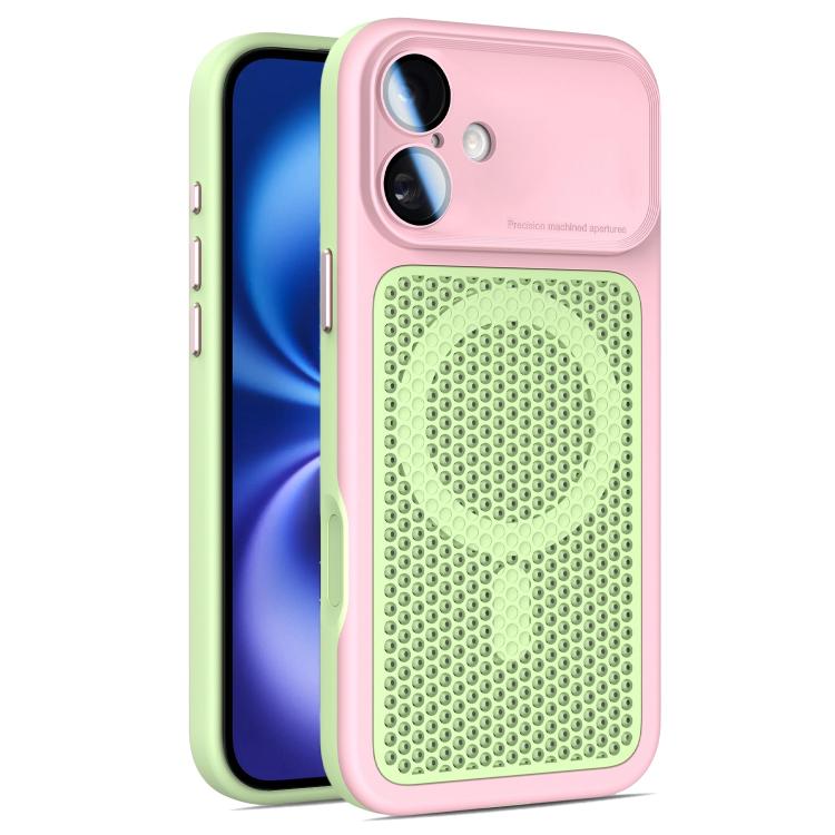 For iPhone 16 Plus Armor Shield Mesh Cooling Magnetic Phone Case with Lens Film(Pink)