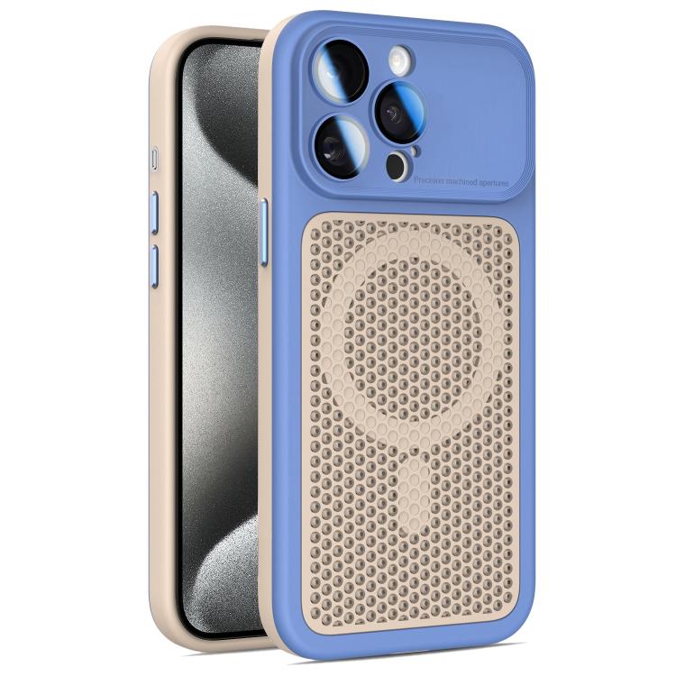For iPhone 15 Pro Max Armor Shield Mesh Cooling Magnetic Phone Case with Lens Film(Blue)