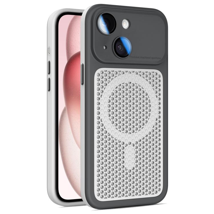 For iPhone 15 Plus / 14 Plus Armor Shield Mesh Cooling Magnetic Phone Case with Lens Film(Black)