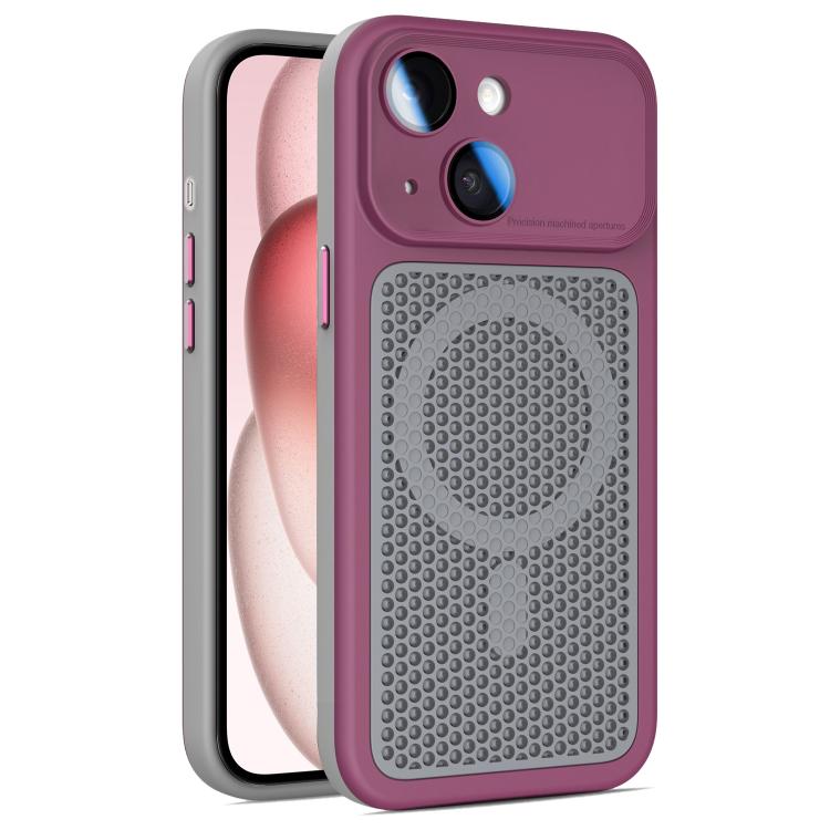 For iPhone 15 Plus / 14 Plus Armor Shield Mesh Cooling Magnetic Phone Case with Lens Film(Wine Red)