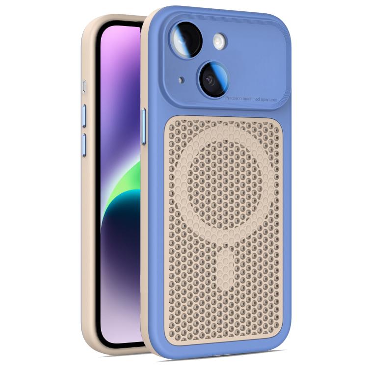 For iPhone 14 / 13 Armor Shield Mesh Cooling Magnetic Phone Case with Lens Film(Blue)
