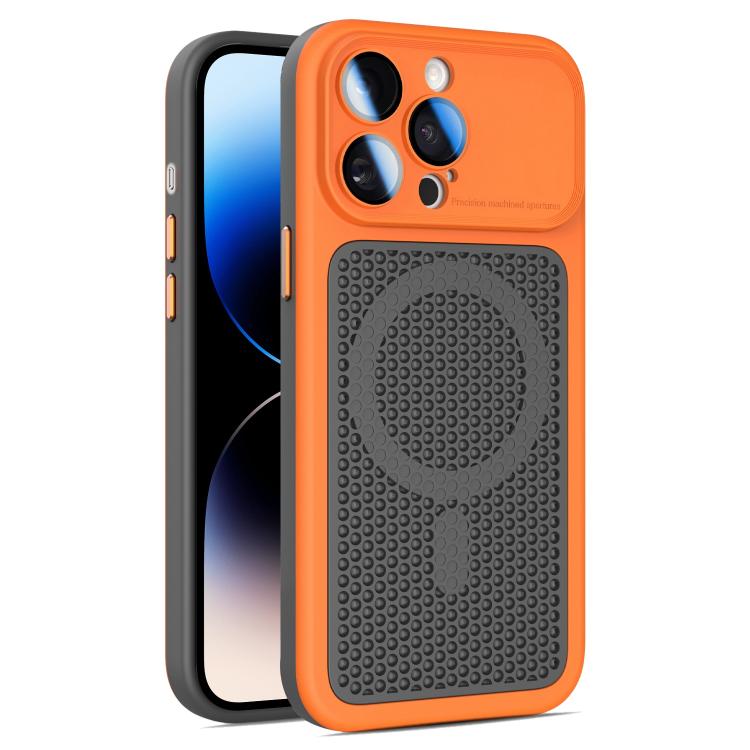 For iPhone 14 Pro Armor Shield Mesh Cooling Magnetic Phone Case with Lens Film(Orange)