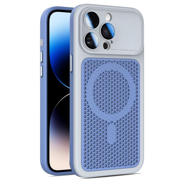 For iPhone 14 Pro Max Armor Shield Mesh Cooling Magnetic Phone Case with Lens Film(Grey)