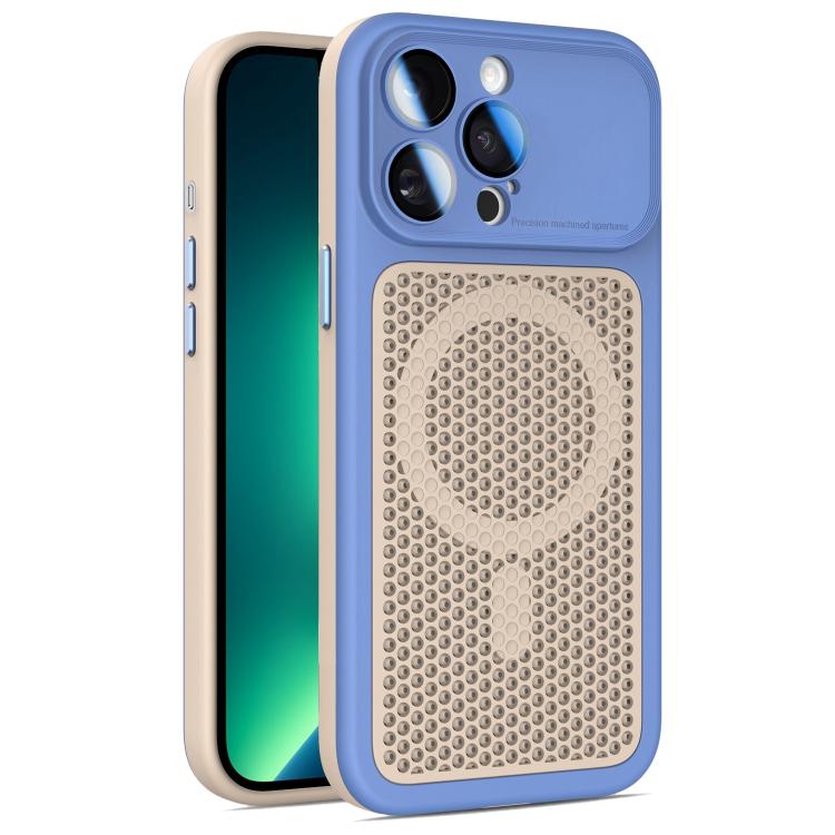For iPhone 13 Pro Max Armor Shield Mesh Cooling Magnetic Phone Case with Lens Film(Blue)