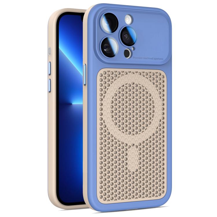 For iPhone 13 Pro Armor Shield Mesh Cooling Magnetic Phone Case with Lens Film(Blue)