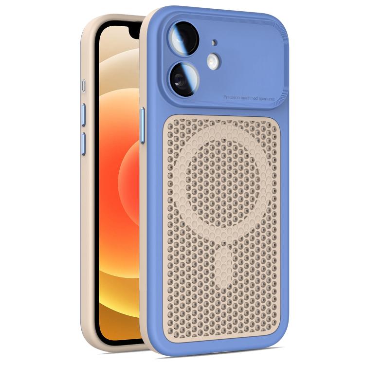 For iPhone 12 Armor Shield Mesh Cooling Magnetic Phone Case with Lens Film(Blue)