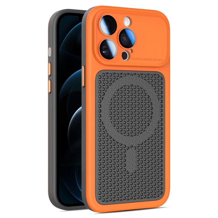 For iPhone 12 Pro Max Armor Shield Mesh Cooling Magnetic Phone Case with Lens Film(Orange)