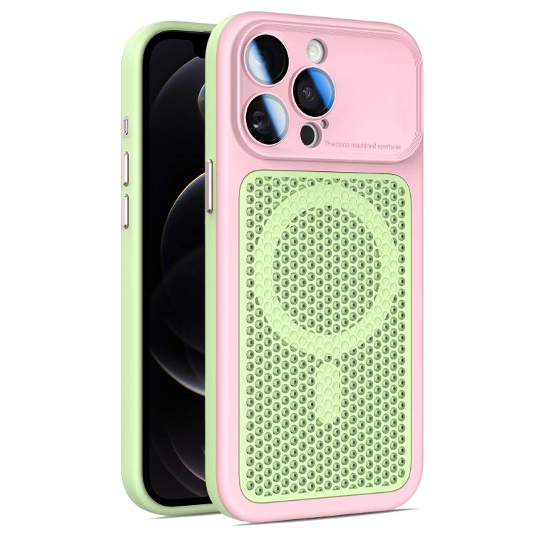 For iPhone 12 Pro Armor Shield Mesh Cooling Magnetic Phone Case with Lens Film(Pink)