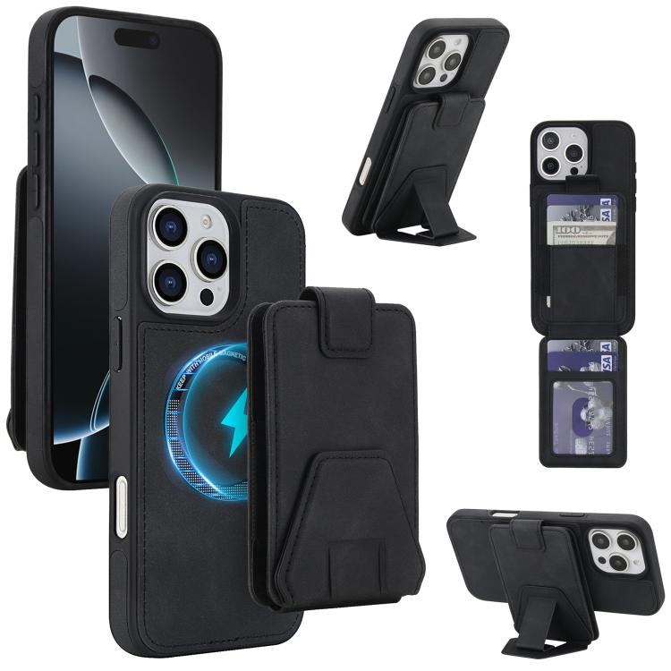 For iPhone 16 Pro Max Retro Faux Leather Detachable Card Holder Magnetic RFID Phone Case(Black)