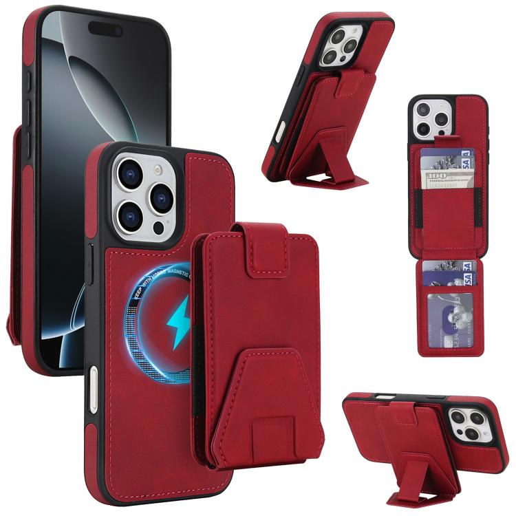 For iPhone 16 Pro Retro Faux Leather Detachable Card Holder Magnetic RFID Phone Case(Red)