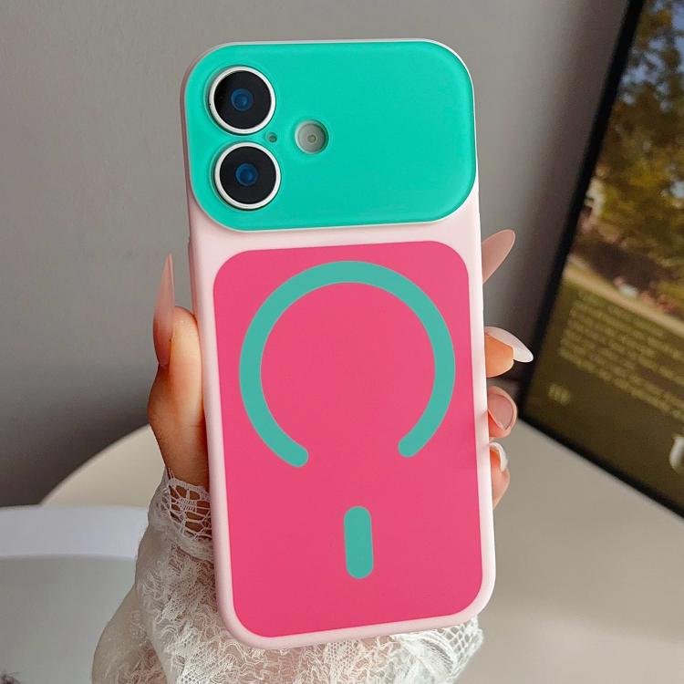 For iPhone 17 Color Blocked Fruity PC Hybrid TPU Magnetic Phone Case(Rose Red + Lake Green)