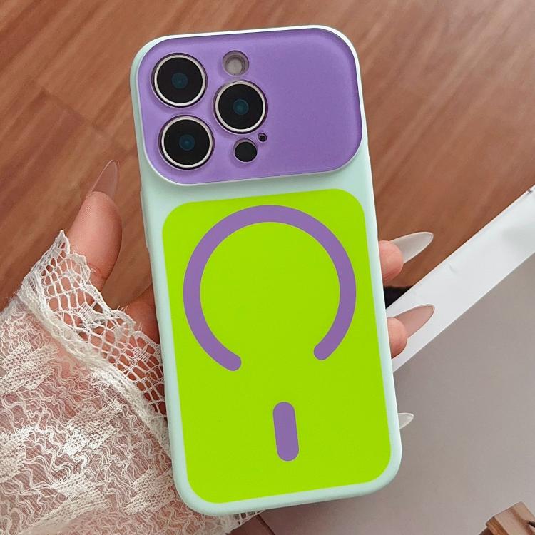 For iPhone 16 Pro Max Color Blocked Fruity PC Hybrid TPU Magnetic Phone Case(Green + Purple)