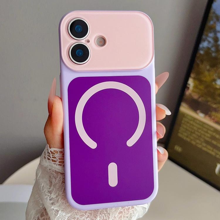 For iPhone 16 Color Blocked Fruity PC Hybrid TPU Magnetic Phone Case(Purple + Pink)
