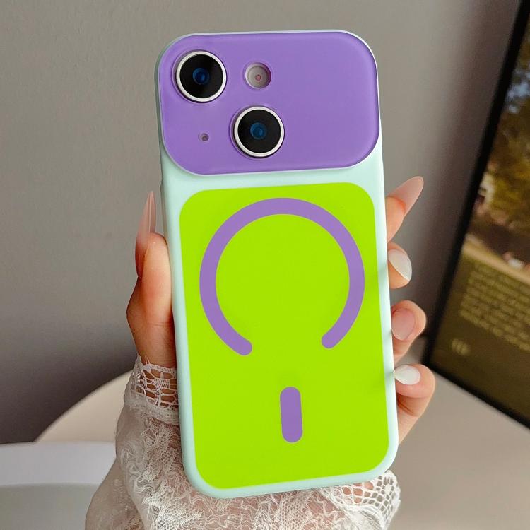 For iPhone 15 Color Blocked Fruity PC Hybrid TPU Magnetic Phone Case(Green + Purple)