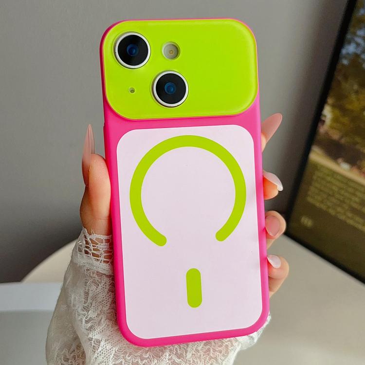 For iPhone 14 Color Blocked Fruity PC Hybrid TPU Magnetic Phone Case(Pink + Green)