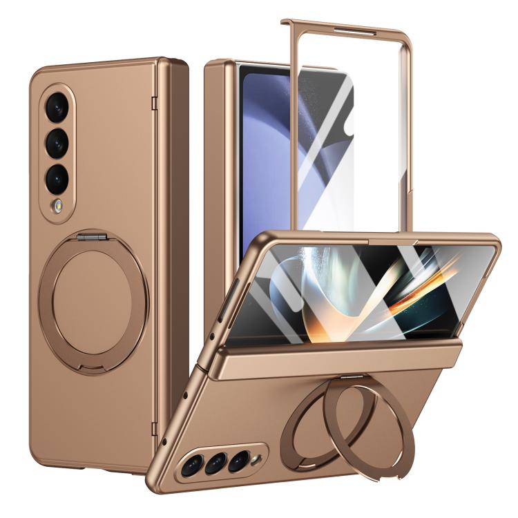 For Galaxy Z Fold4 5G Rotation Magnetic Ring Holder Hinge Integrated Film Phone Case(Gold)