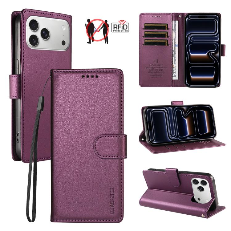 For iPhone 17 Pro Max BETOPNICE Pearlescent RFID Vegan Leather Phone Case with Strap(Purple)