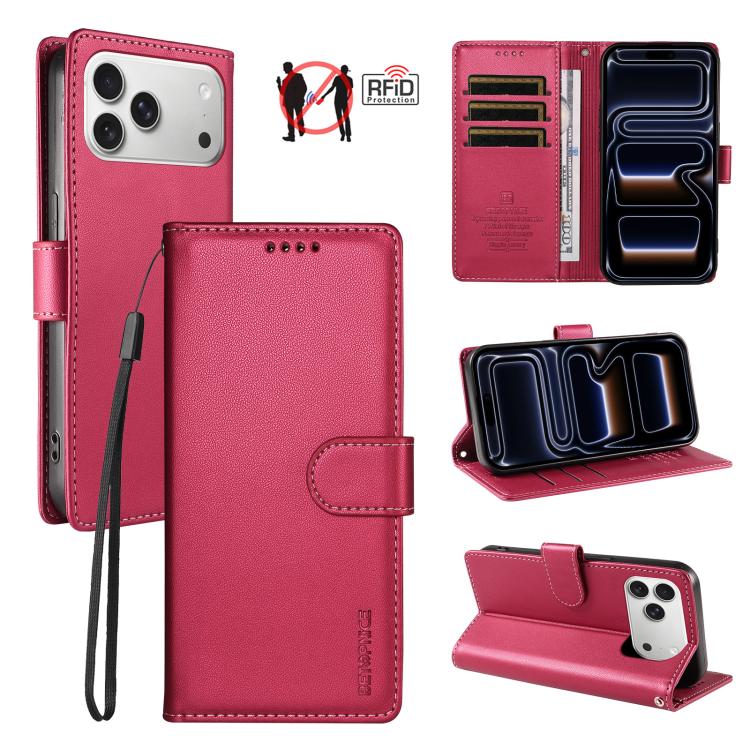 For iPhone 17 Pro BETOPNICE Pearlescent RFID Vegan Leather Phone Case with Strap(Red)