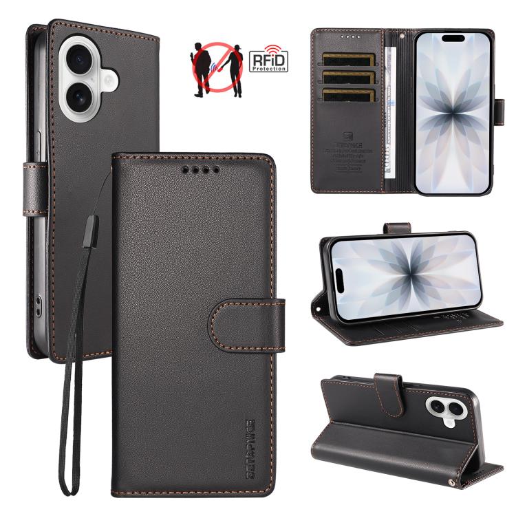 For iPhone 17 BETOPNICE Pearlescent RFID Vegan Leather Phone Case with Strap(Black)