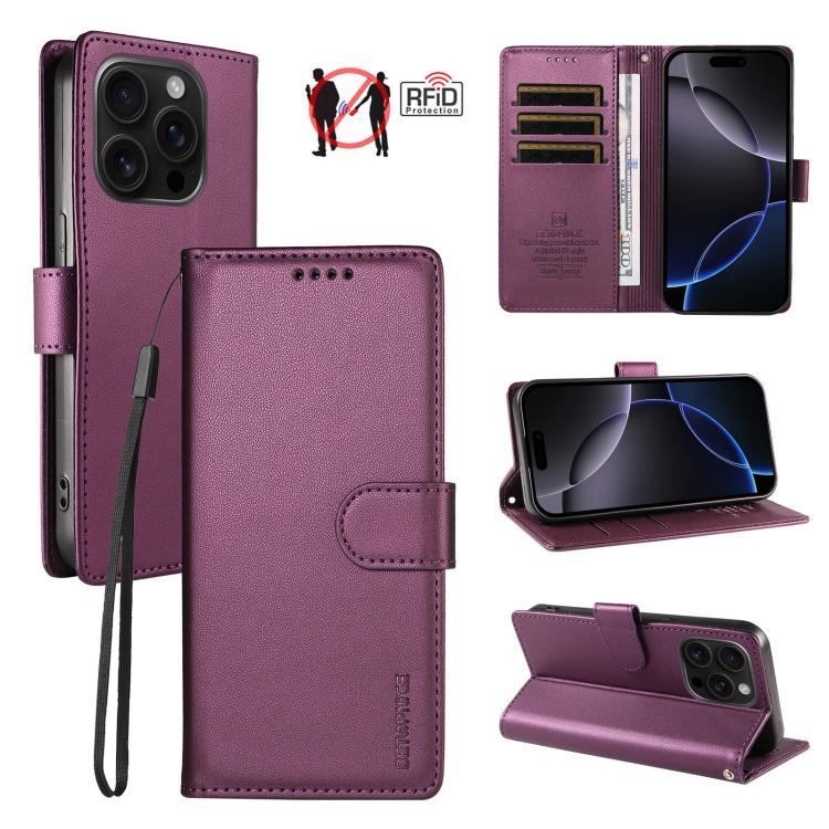 For iPhone 16 Pro Max BETOPNICE Pearlescent RFID Vegan Leather Phone Case with Strap(Purple)