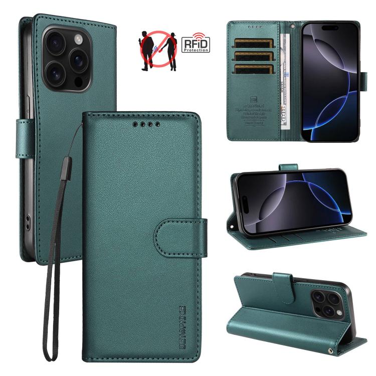 For iPhone 16 Pro BETOPNICE Pearlescent RFID Vegan Leather Phone Case with Strap(Green)