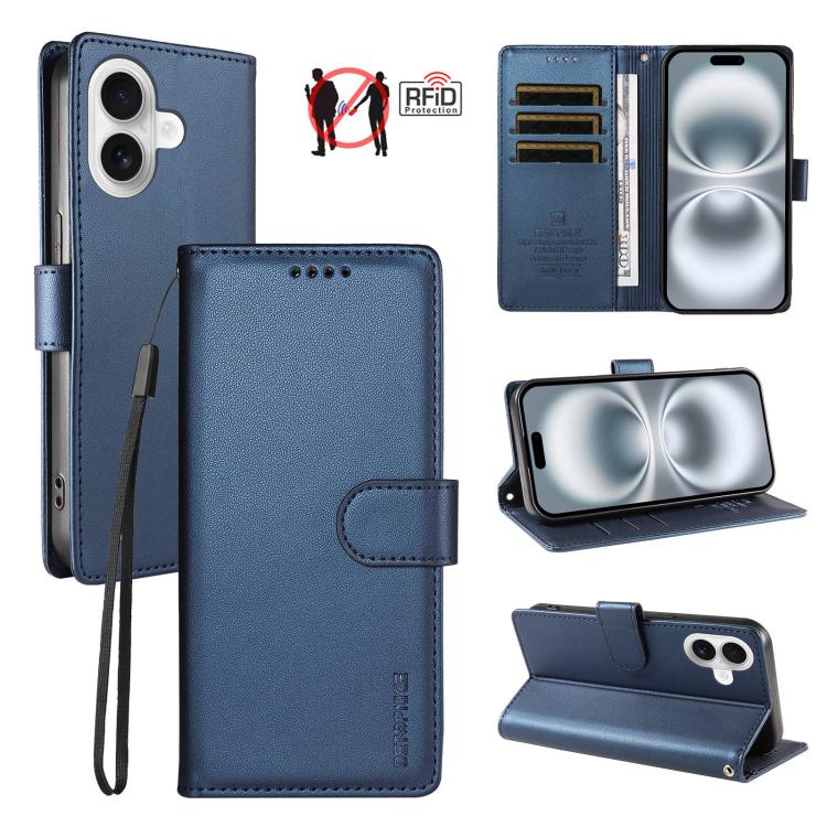 For iPhone 16 Plus BETOPNICE Pearlescent RFID Vegan Leather Phone Case with Strap(Blue)