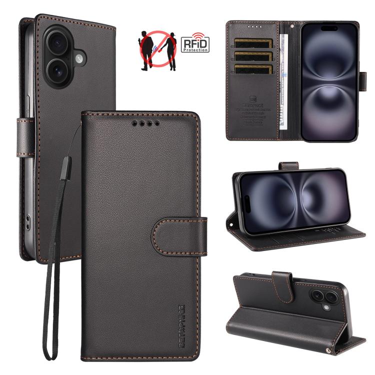 For iPhone 16 BETOPNICE Pearlescent RFID Vegan Leather Phone Case with Strap(Black)