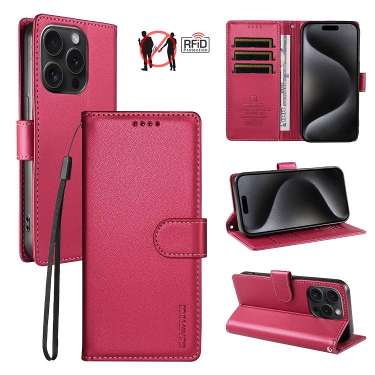 For iPhone 15 Pro Max BETOPNICE Pearlescent RFID Vegan Leather Phone Case with Strap(Red)