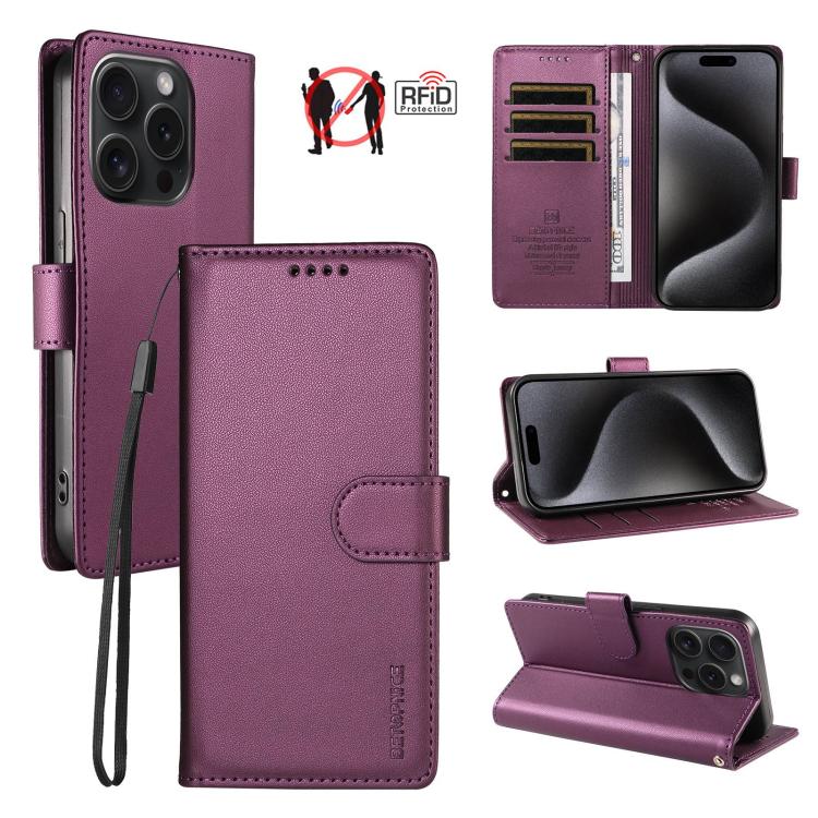 For iPhone 15 Pro BETOPNICE Pearlescent RFID Vegan Leather Phone Case with Strap(Purple)