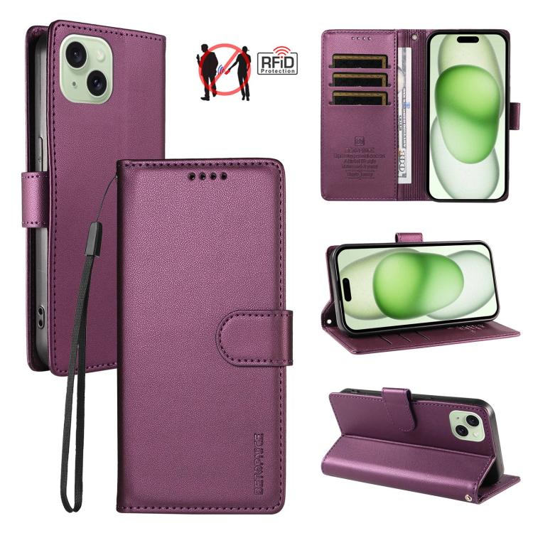 For iPhone 15 Plus BETOPNICE Pearlescent RFID Vegan Leather Phone Case with Strap(Purple)