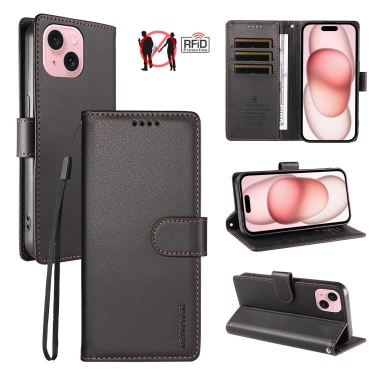 For iPhone 15 BETOPNICE Pearlescent RFID Vegan Leather Phone Case with Strap(Black)