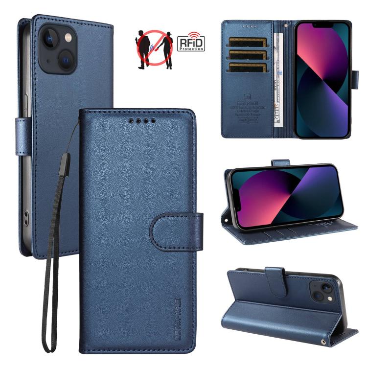 For iPhone 14 Plus BETOPNICE Pearlescent RFID Vegan Leather Phone Case with Strap(Blue)