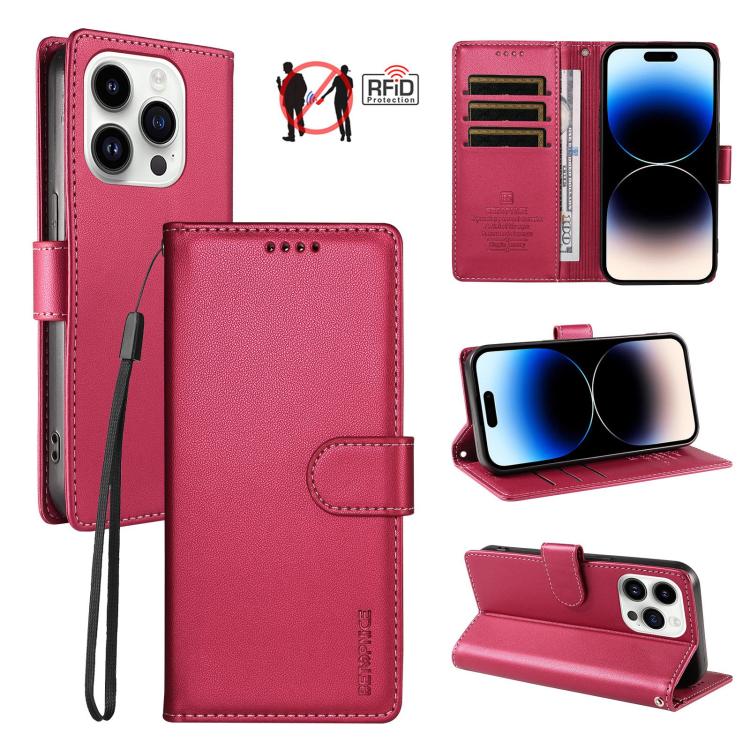 For iPhone 14 Pro Max BETOPNICE Pearlescent RFID Vegan Leather Phone Case with Strap(Red)