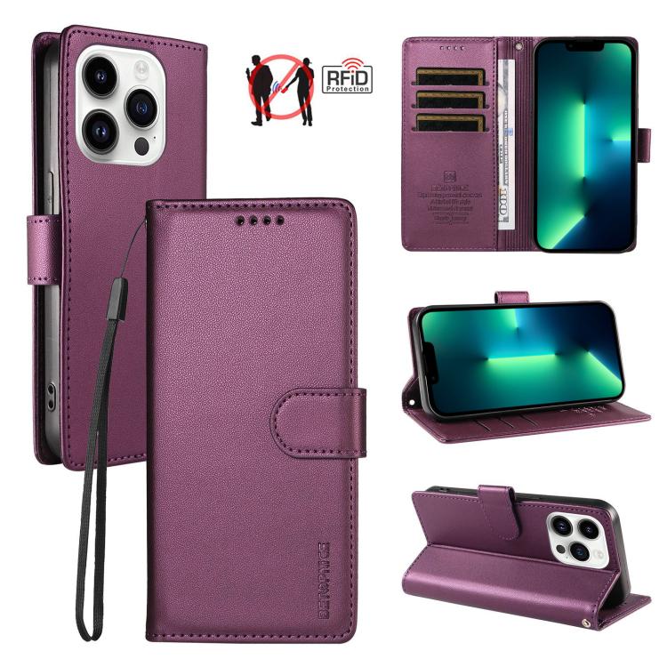 For iPhone 13 Pro Max BETOPNICE Pearlescent RFID Vegan Leather Phone Case with Strap(Purple)