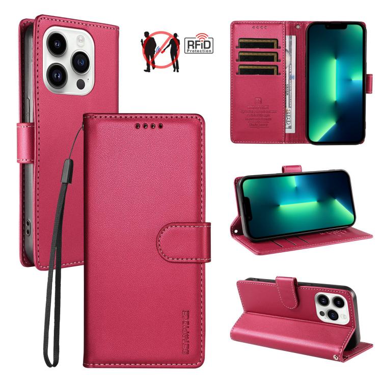 For iPhone 13 Pro BETOPNICE Pearlescent RFID Vegan Leather Phone Case with Strap(Red)