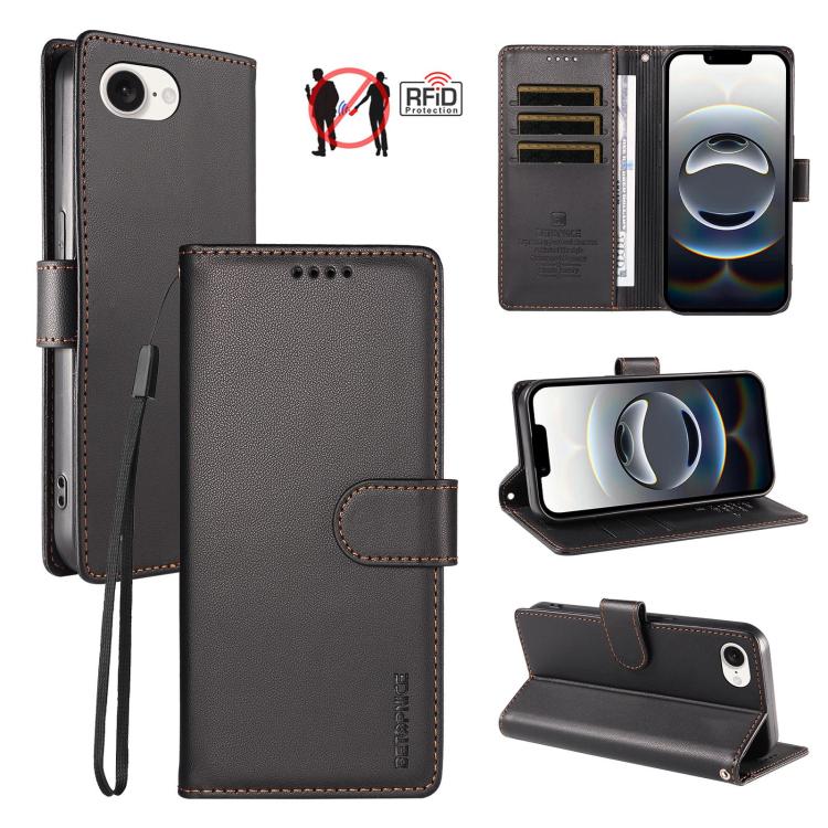 For iPhone 17e / 16e BETOPNICE Pearlescent RFID Vegan Leather Phone Case with Strap(Black)
