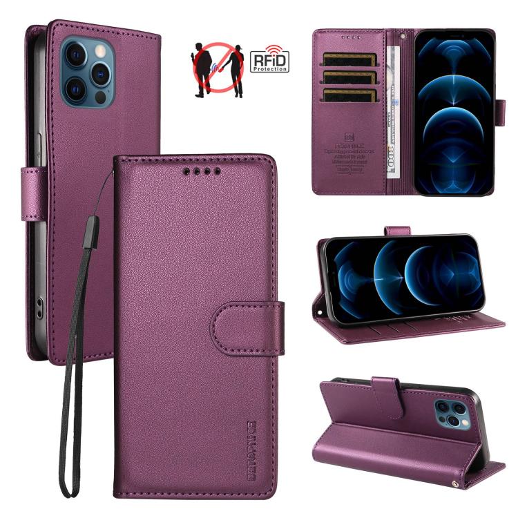 For iPhone 12 Pro Max BETOPNICE Pearlescent RFID Vegan Leather Phone Case with Strap(Purple)