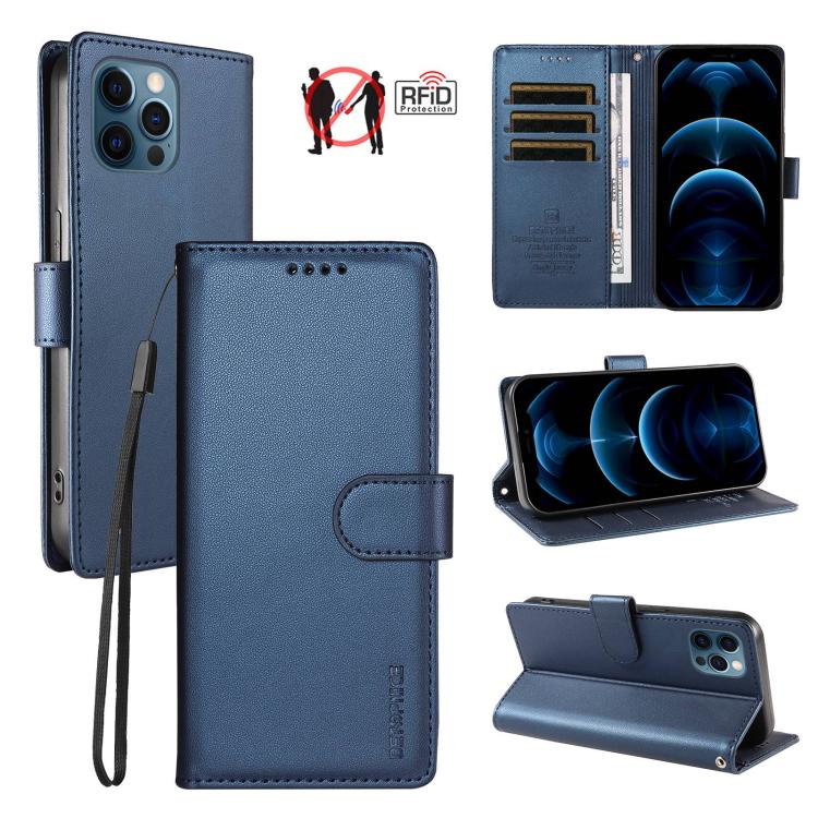 For iPhone 12 / 12 Pro BETOPNICE Pearlescent RFID Vegan Leather Phone Case with Strap(Blue)