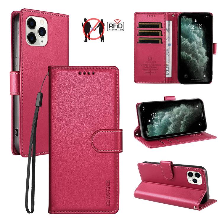 For iPhone 11 Pro Max BETOPNICE Pearlescent RFID Vegan Leather Phone Case with Strap(Red)