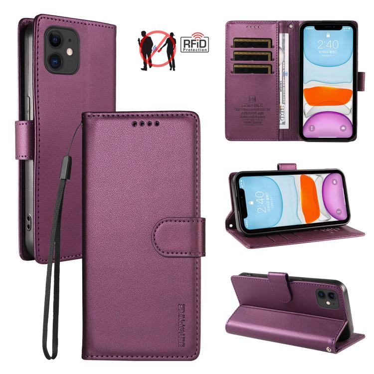 For iPhone 11 BETOPNICE Pearlescent RFID Vegan Leather Phone Case with Strap(Purple)