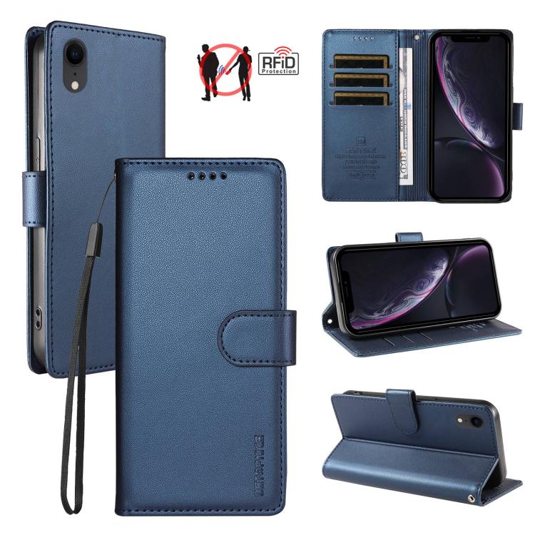 For iPhone XR BETOPNICE Pearlescent RFID Vegan Leather Phone Case with Strap(Blue)