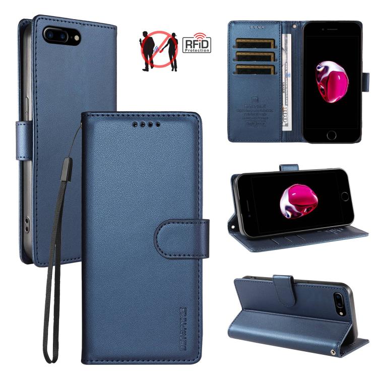 For iPhone 8 Plus / 7 Plus BETOPNICE Pearlescent RFID Vegan Leather Phone Case with Strap(Blue)