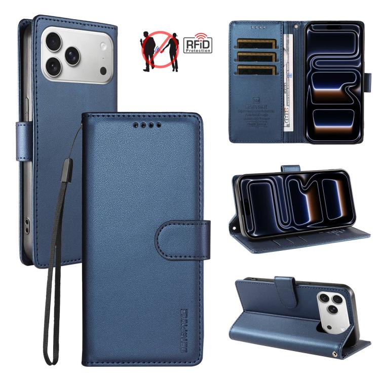 For iPhone 18 Pro BETOPNICE Pearlescent RFID Vegan Leather Phone Case with Strap(Blue)