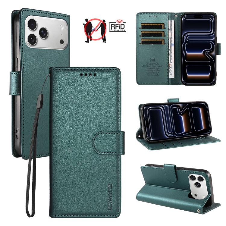 For iPhone 18 Pro Max BETOPNICE Pearlescent RFID Vegan Leather Phone Case with Strap(Green)