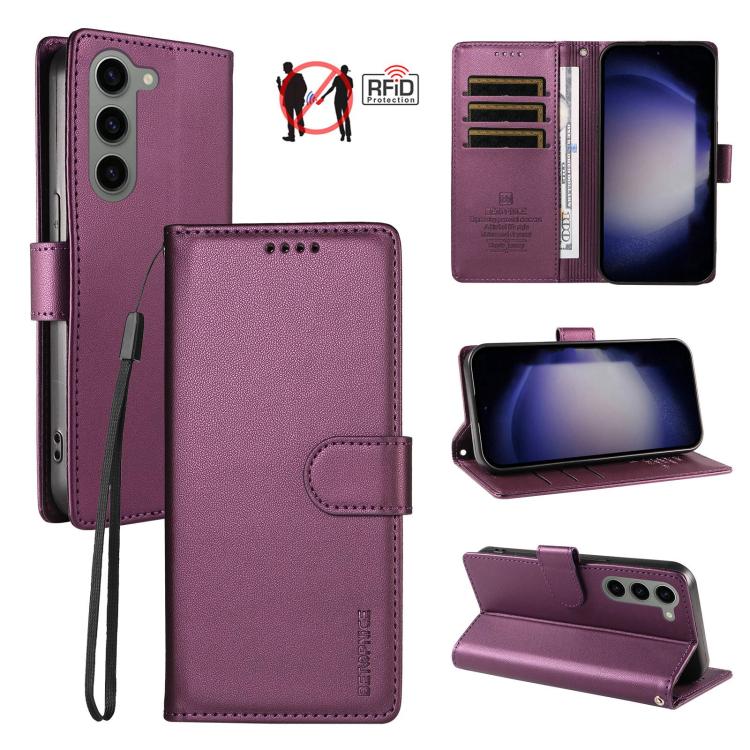 For Galaxy S23 5G BETOPNICE Pearlescent RFID Vegan Leather Phone Case with Strap(Purple)
