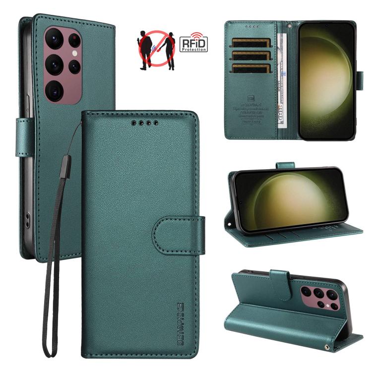 For Galaxy S23 Ultra 5G BETOPNICE Pearlescent RFID Vegan Leather Phone Case with Strap(Green)