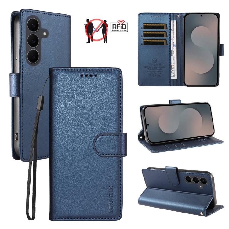 For Galaxy S25 FE 5G BETOPNICE Pearlescent RFID Vegan Leather Phone Case with Strap(Blue)